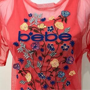 Bebe Girls Red Mesh Embroidered Floral Top Y2K Fairycore Romantic Layering Tee
